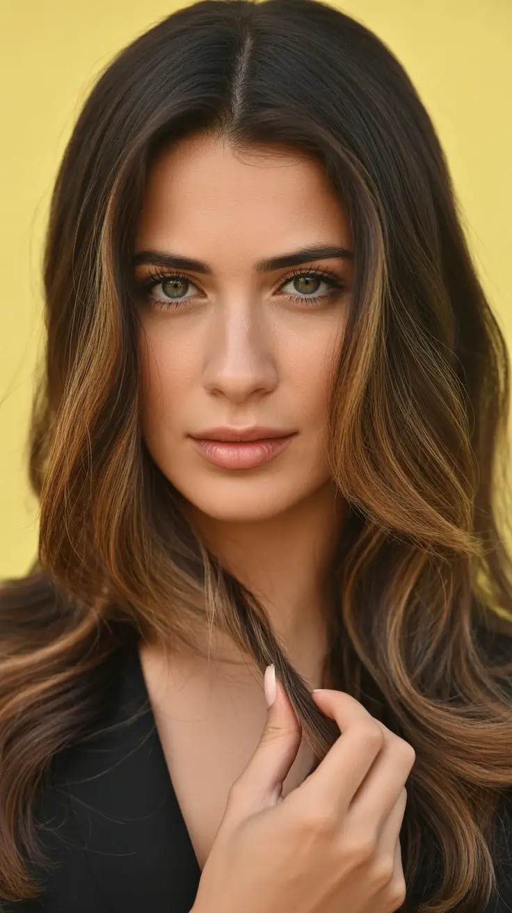 winter brunette hair color balayage caramel Glossy Brunette with Caramel Dimension