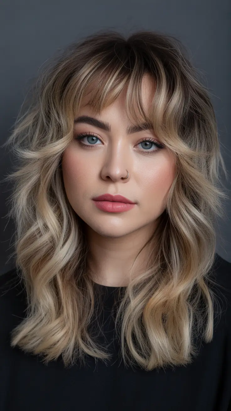 winter hair color balayage blond Tousled Blond Shag with Bangs
