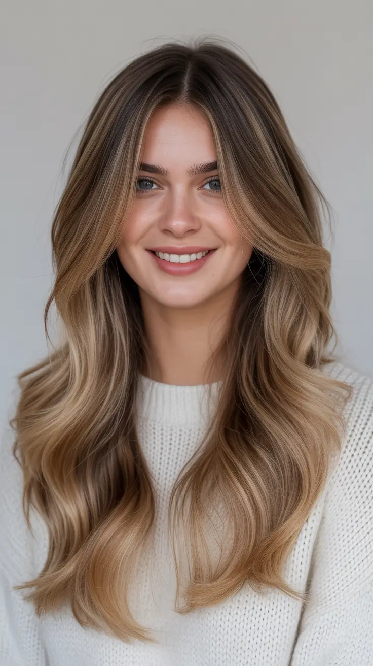 long winter hair color balayage Golden Honey Balayage with Long Waves