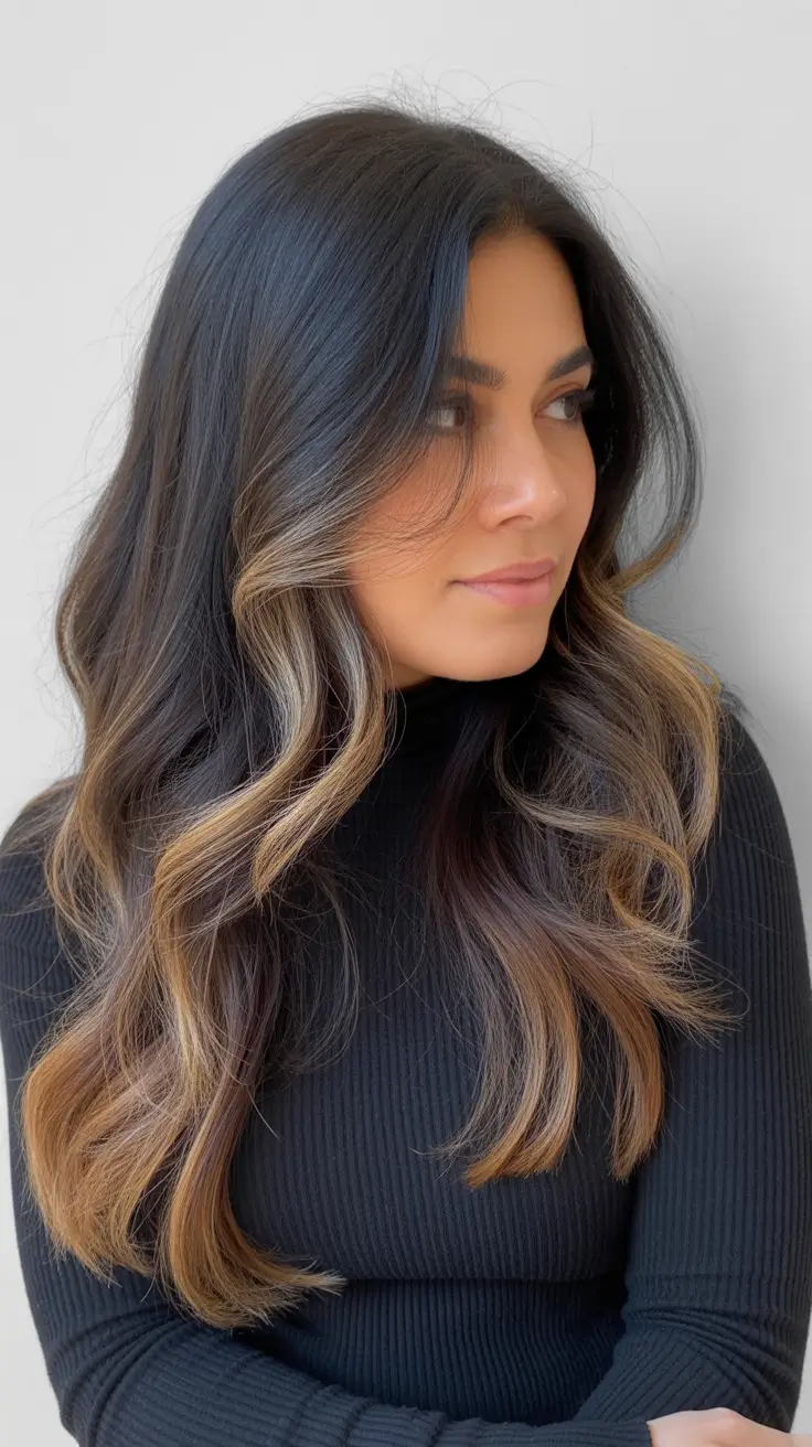 winter brunette hair color balayage caramel Dark Brunette with Caramel Face-Framing