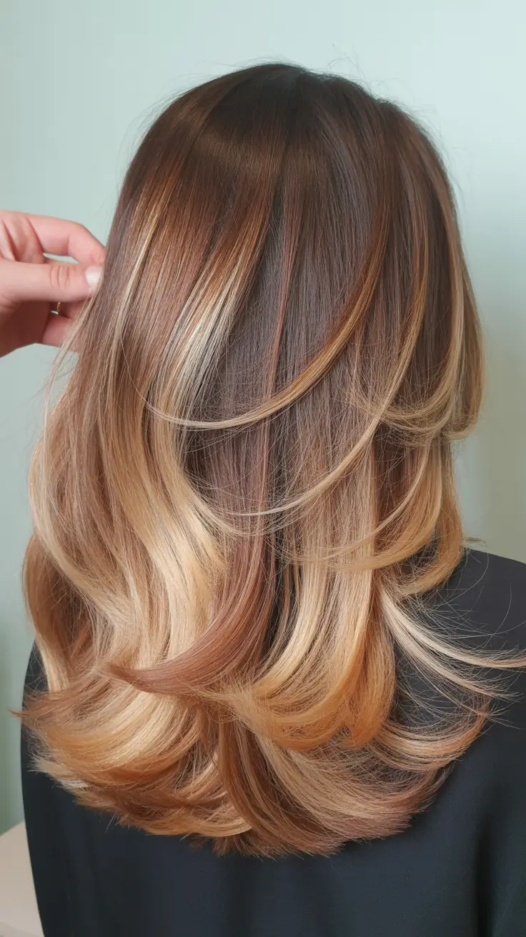 winter hair color balayage ombre Layered Auburn Balayage with Blonde Accents