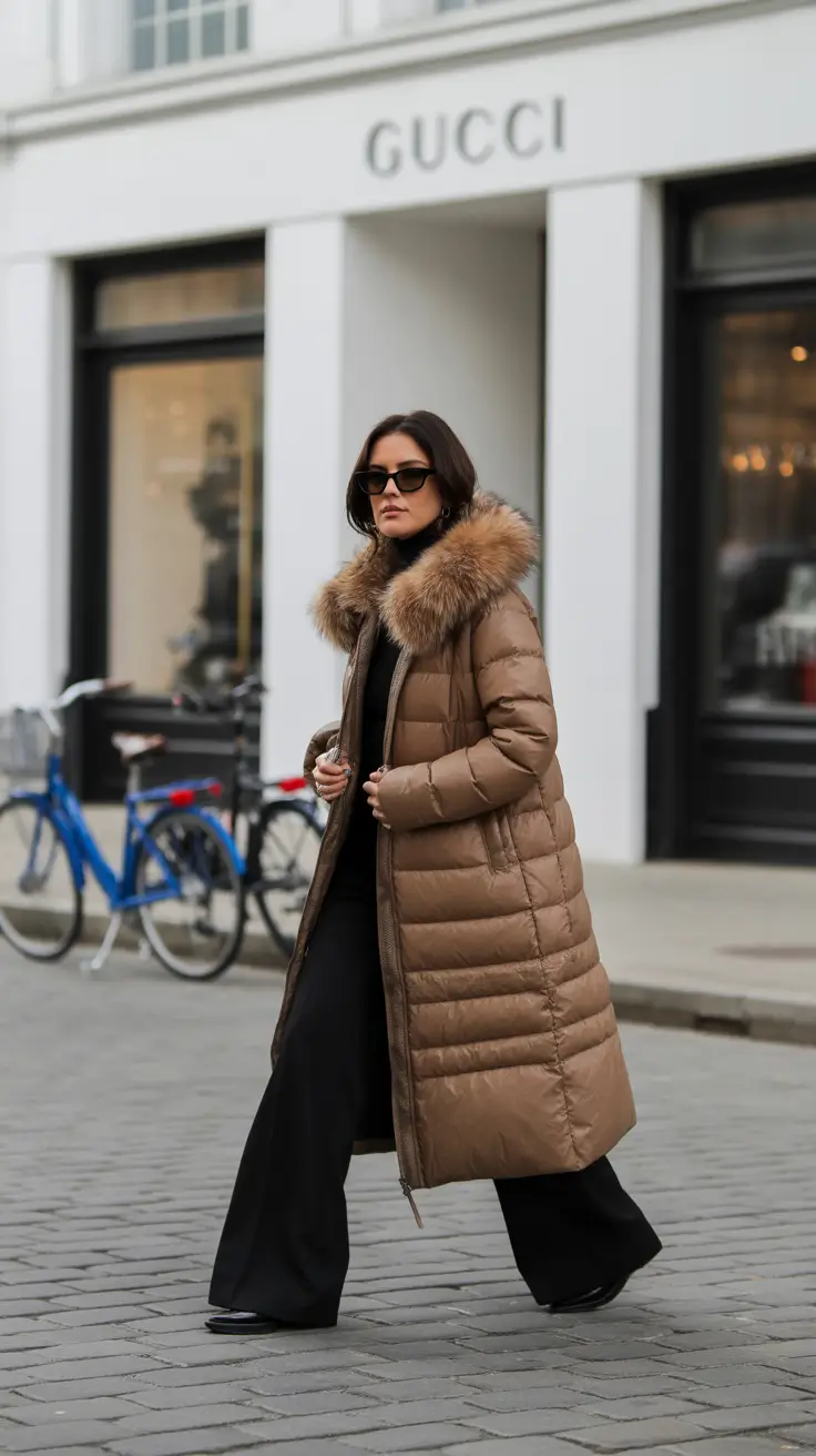 winter going out outfit night Camel Puffer Luxe