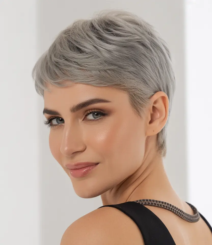 winter hair colors for blondes 2026 Cool Silver Pixie Crop