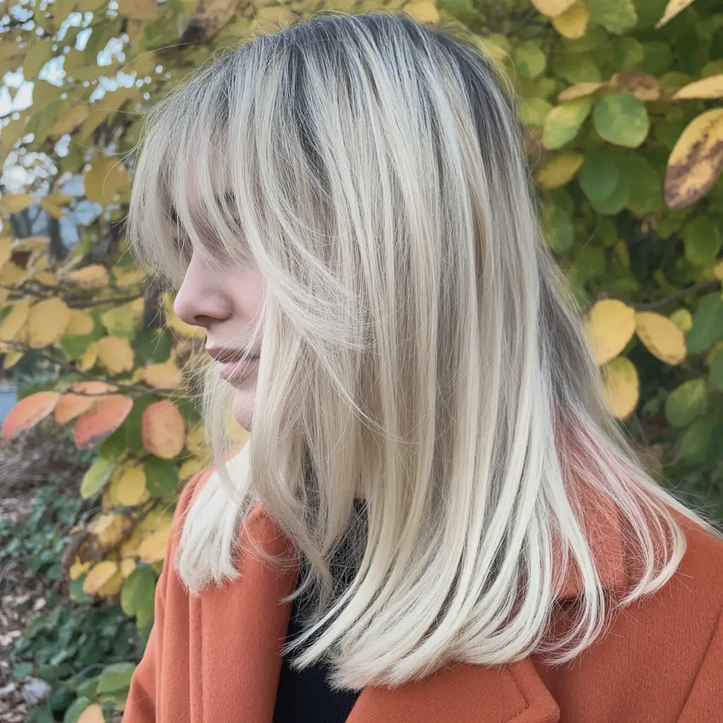 winter hair colors for blondes 2026 Sleek Platinum Layers with Curtain Bangs