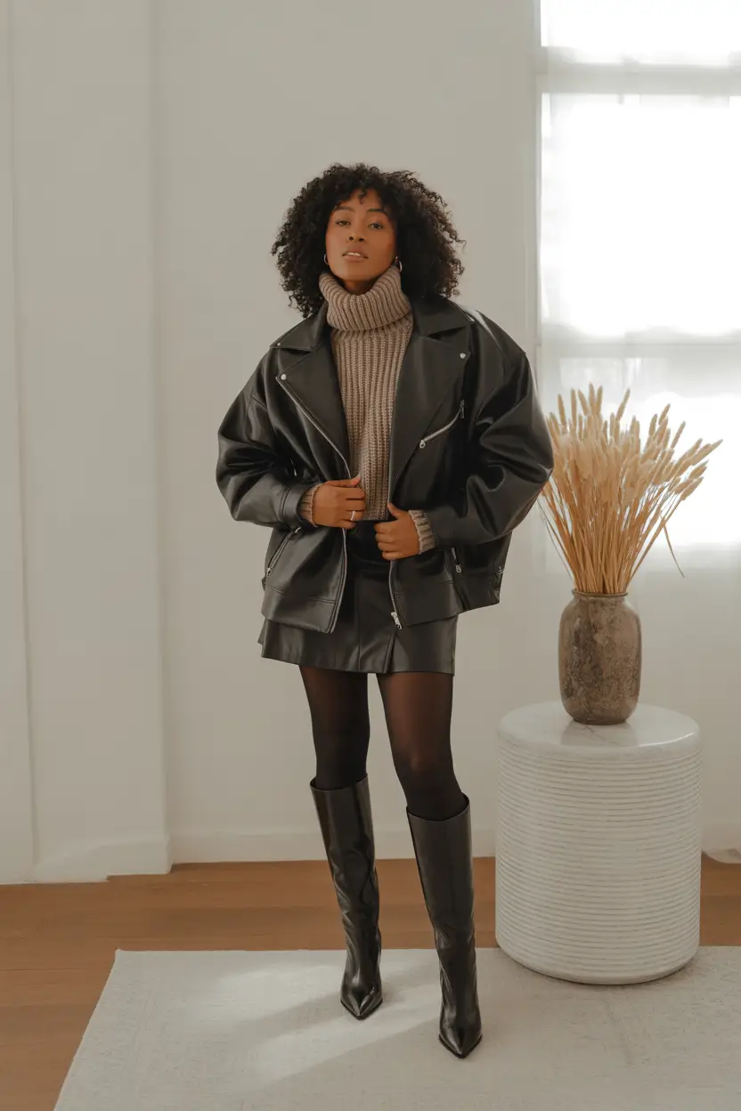 winter outfits black girls fashion ideas Leather and Knit Contrast