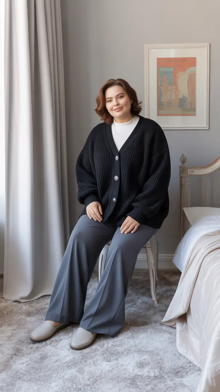 Winter 2025 2026 outfits for curvy women soft cardigan lounge aesthetic