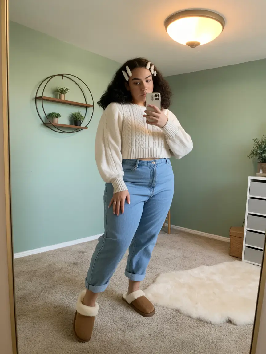 Winter 2025 2026 outfits for curvy women cable knit and light denim ease