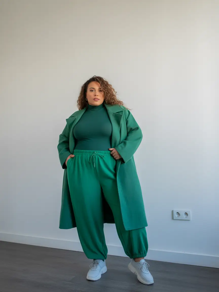 Winter 2025 2026 outfits for curvy women bold green monochrome