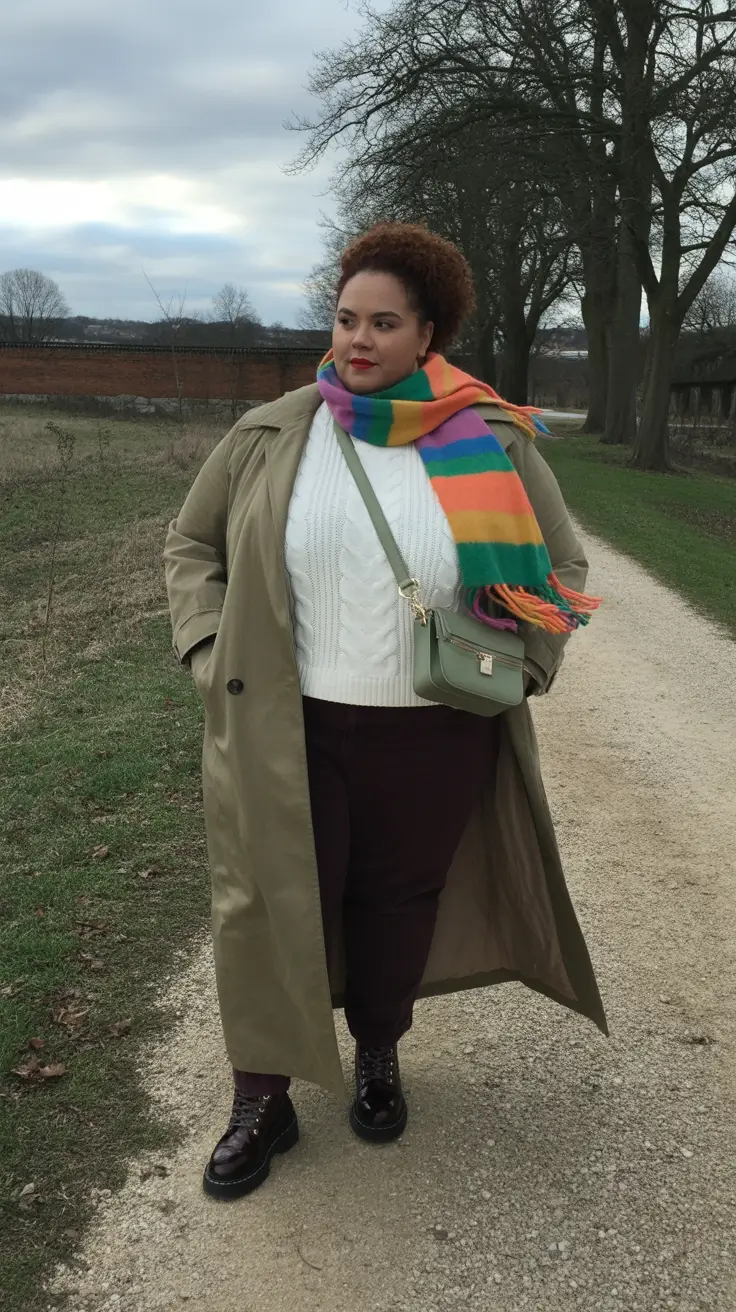 Winter 2025 2026 outfits for curvy women trench coat with rainbow scarf