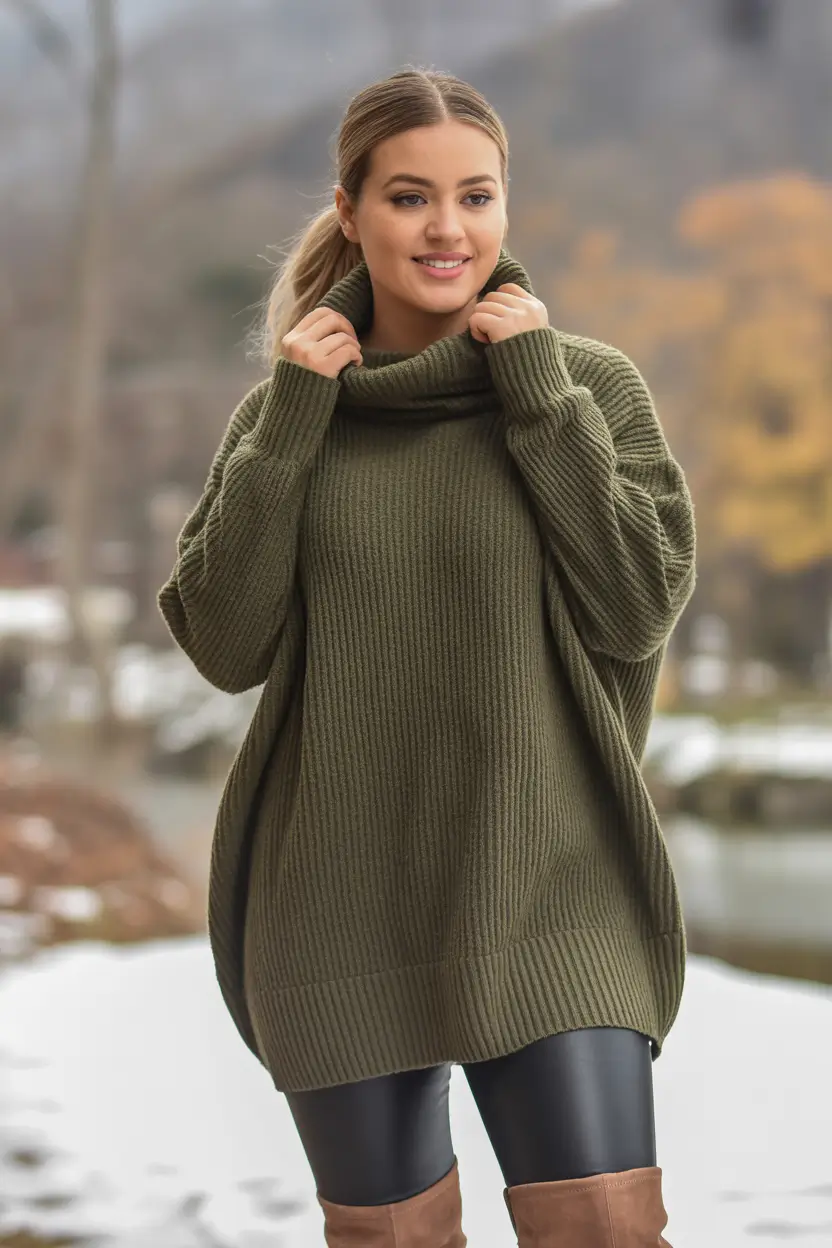 Winter 2025 2026 outfits for curvy women oversized olive knit comfort