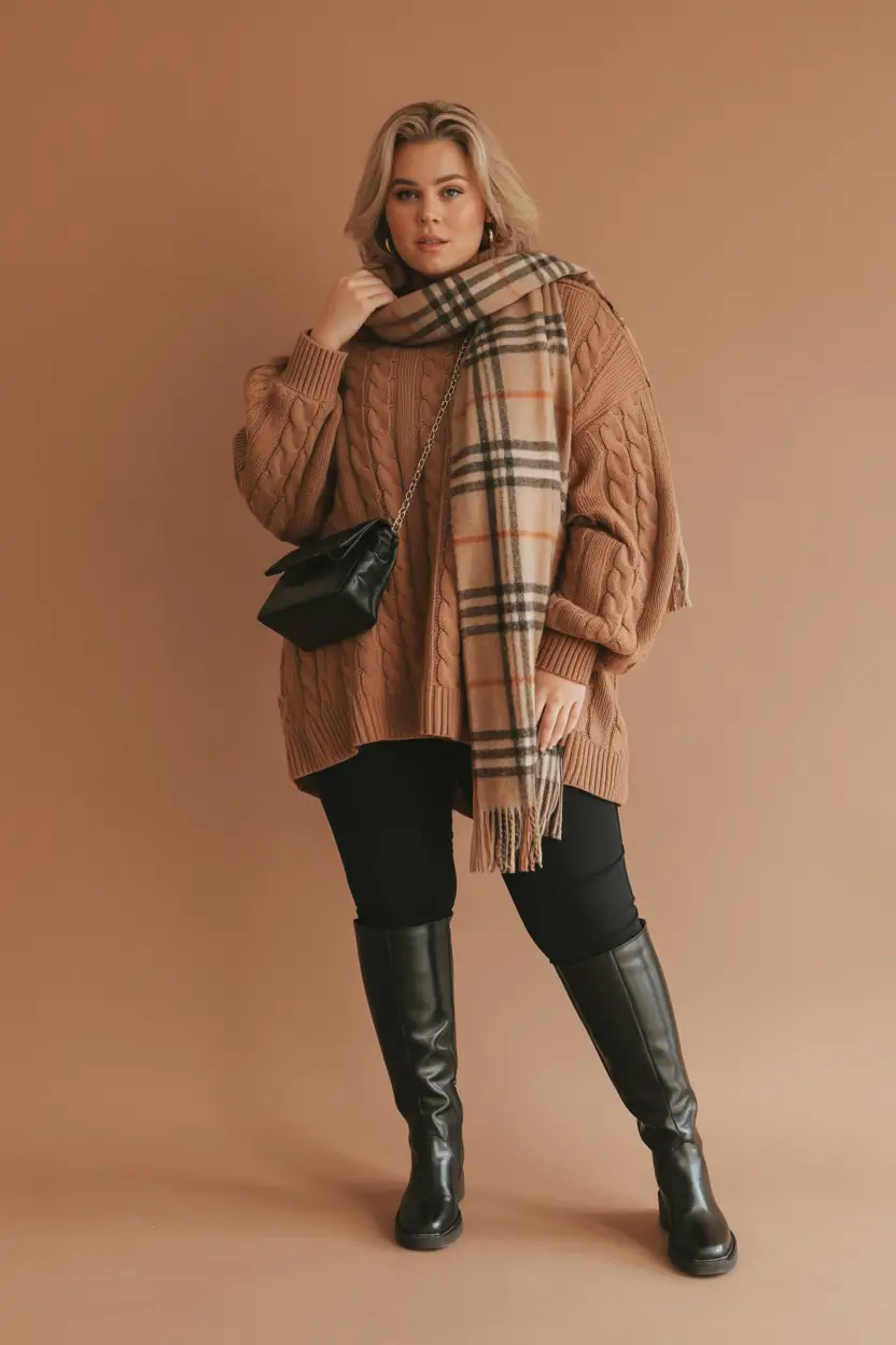 Winter 2025 2026 outfits for curvy women chunky knit and riding boots