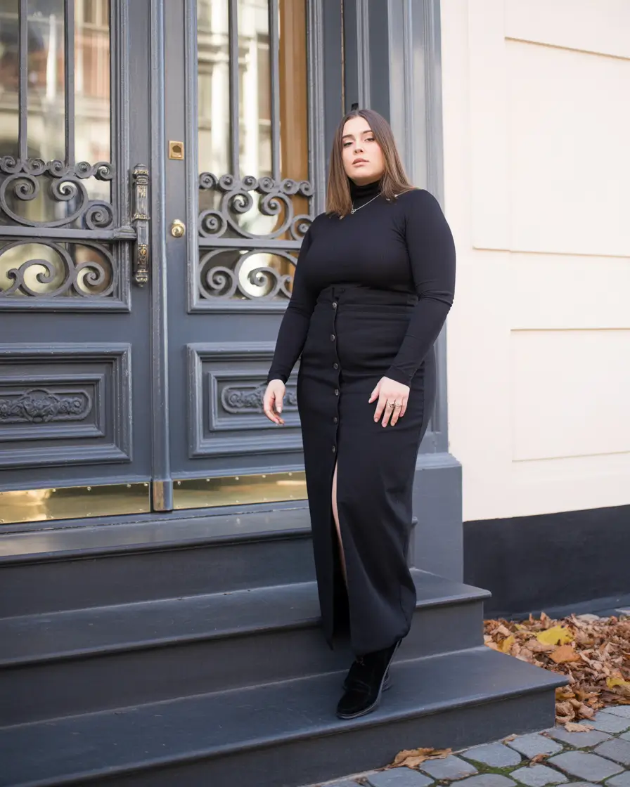 Winter 2025 2026 outfits for curvy women all black with a maxi skirt