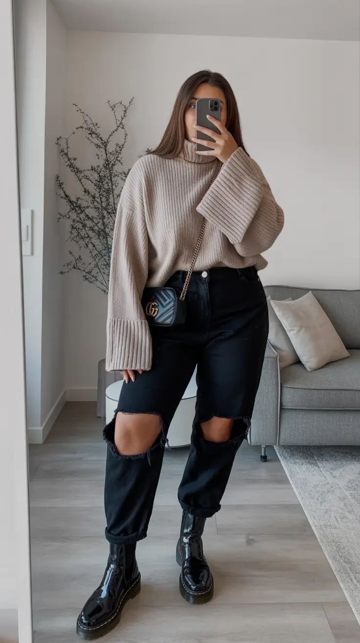 Winter 2025 2026 outfits for curvy women relaxed knit and distressed denim
