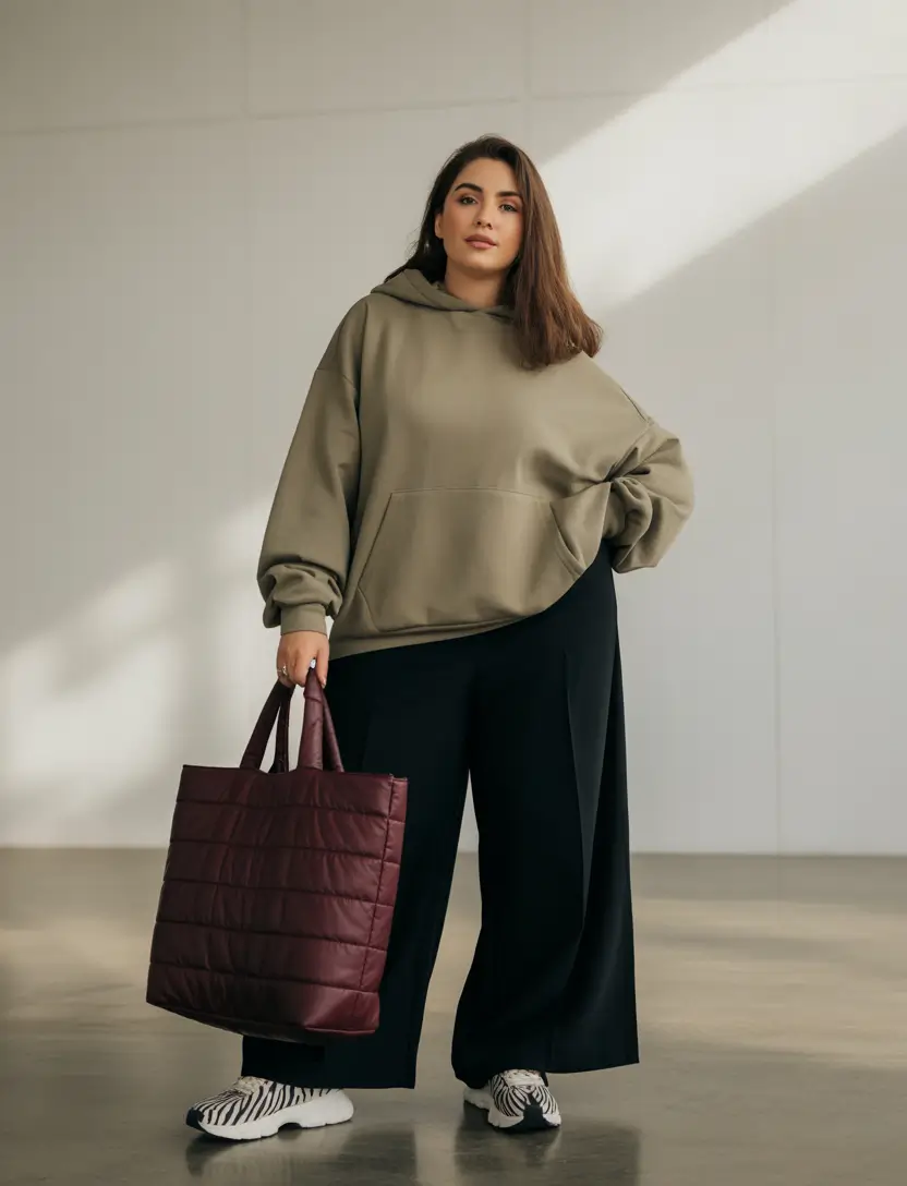 Winter 2025 2026 outfits for curvy women oversized hoodie and wide pants