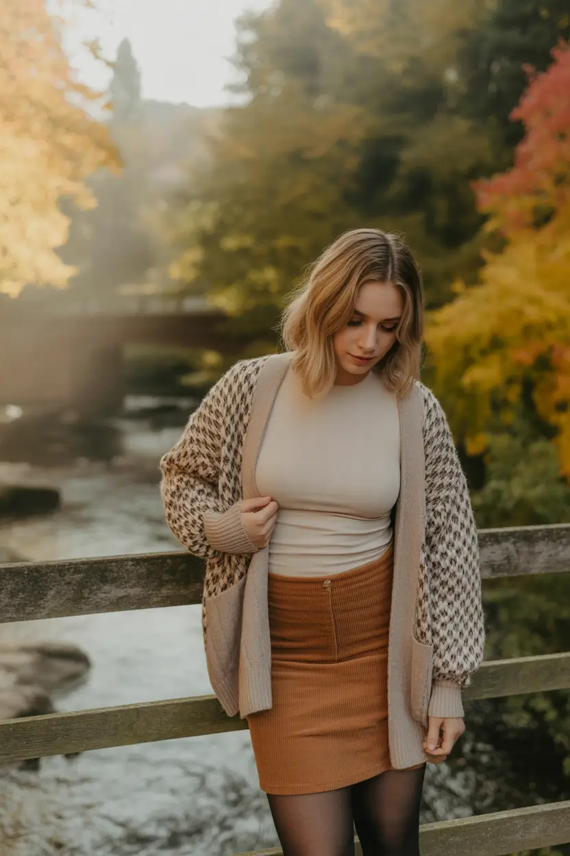 Winter 2025 2026 outfits for curvy women rust tones with a skirt