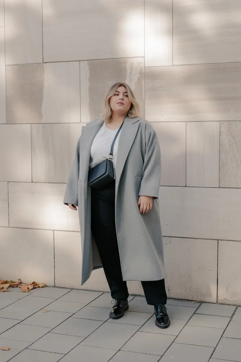 Winter 2025 2026 outfits for curvy women minimalist grey coat layers