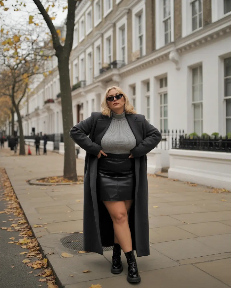Winter 2025 2026 outfits for curvy women leather skirt meets street cool