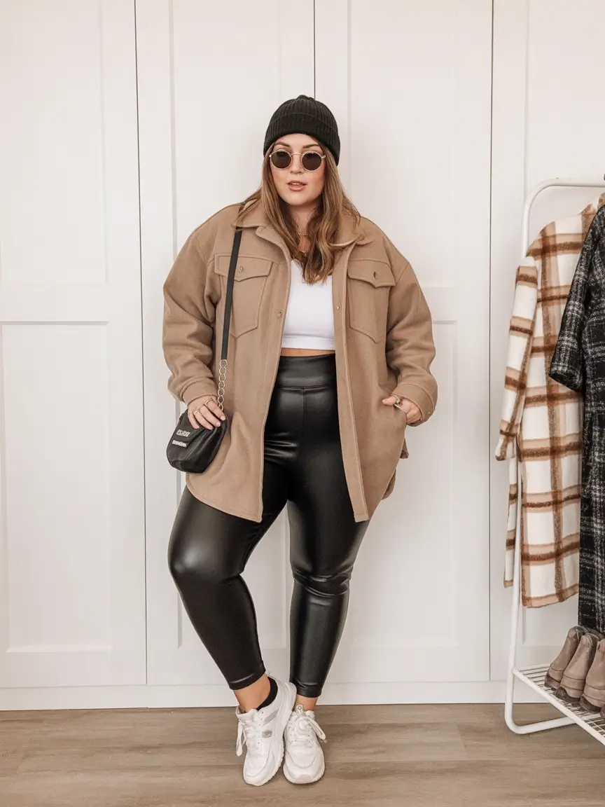 Winter 2025 2026 outfits for curvy women sporty edge with leather leggings