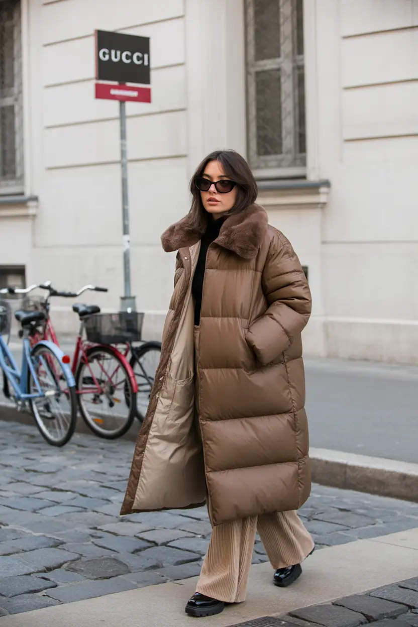 trendy winter outfits 2025 Longline Puffer Glam