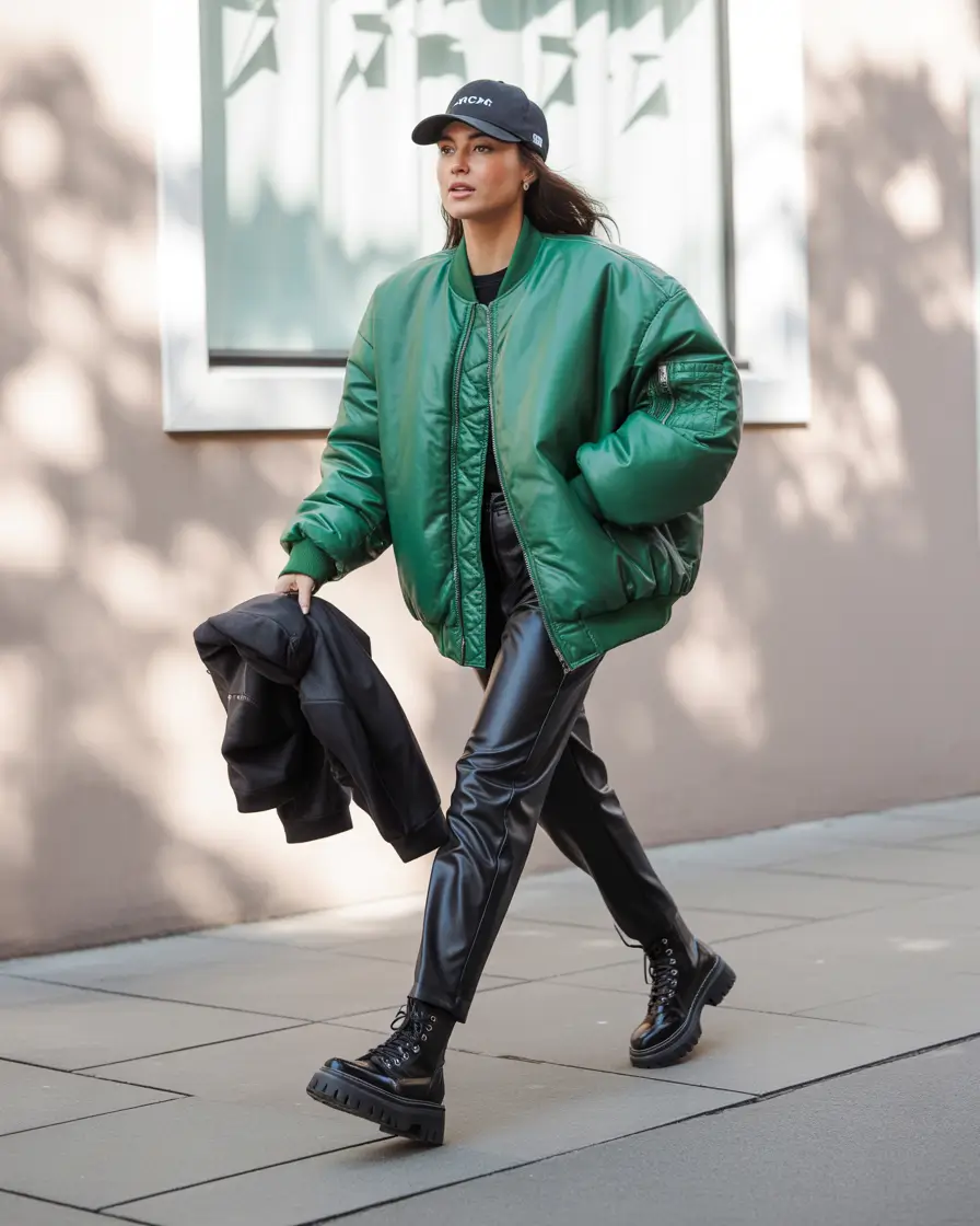trendy winter outfits 2025 Bold Green Bomber Energy