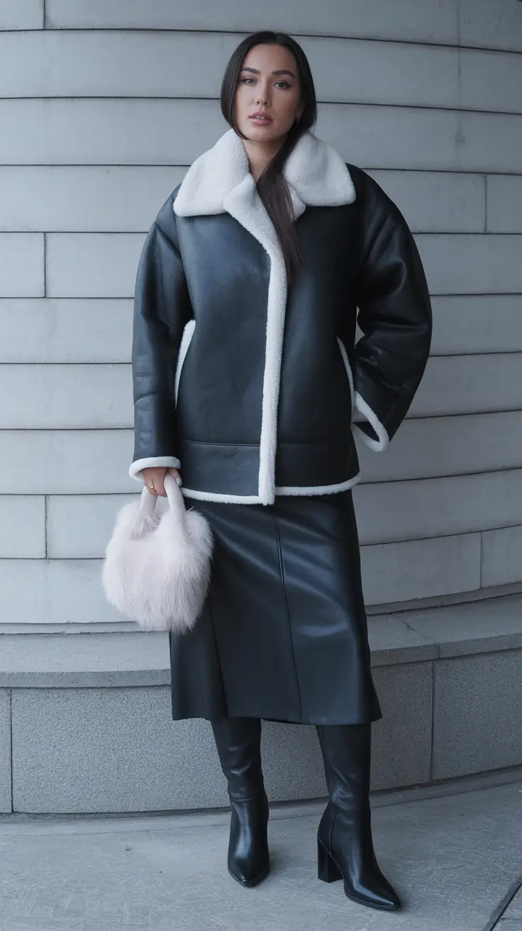 trendy winter outfits 2025 Shearling Luxe in Black and White
