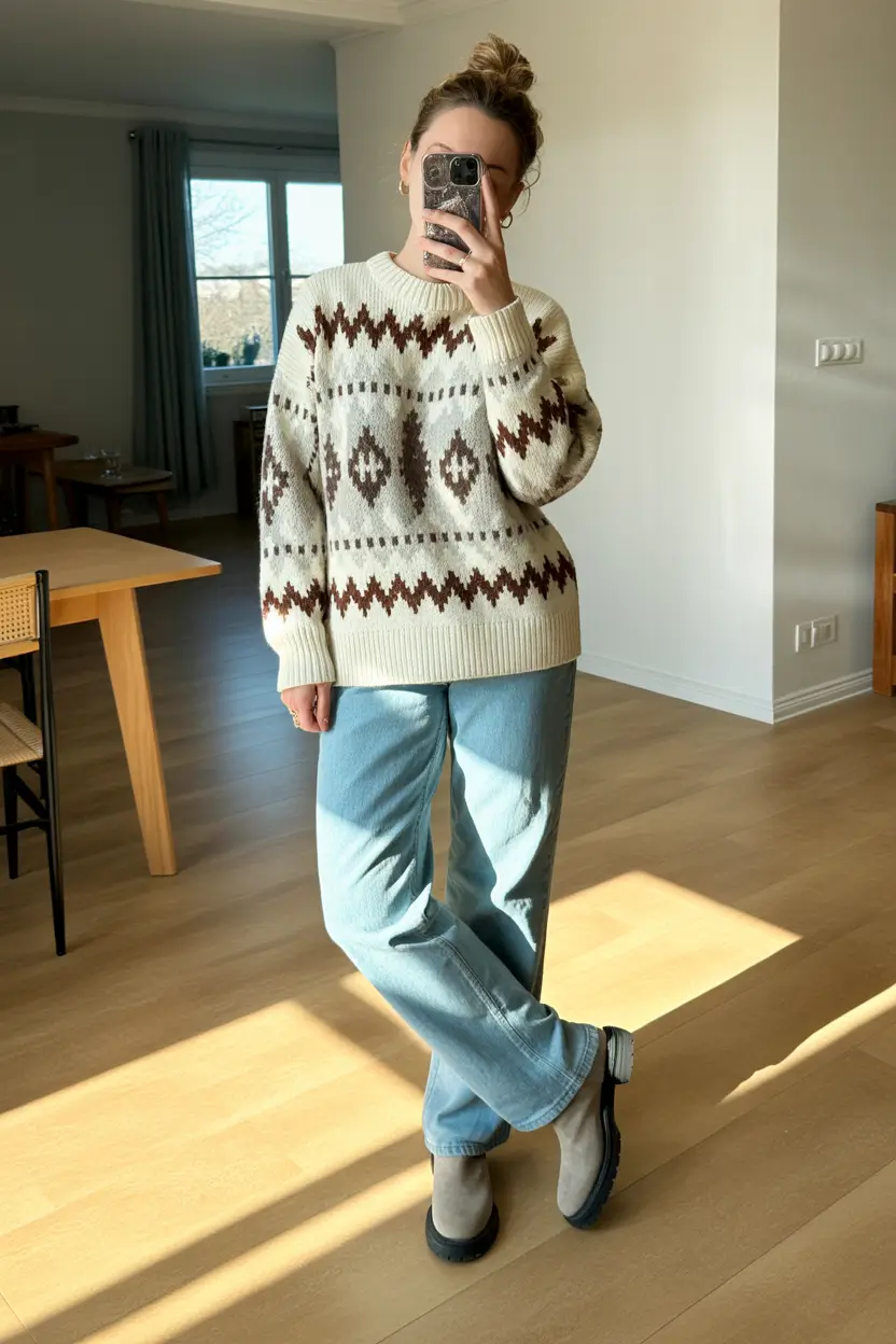 trendy winter outfits 2025 Retro Knit Fair Isle Vibes