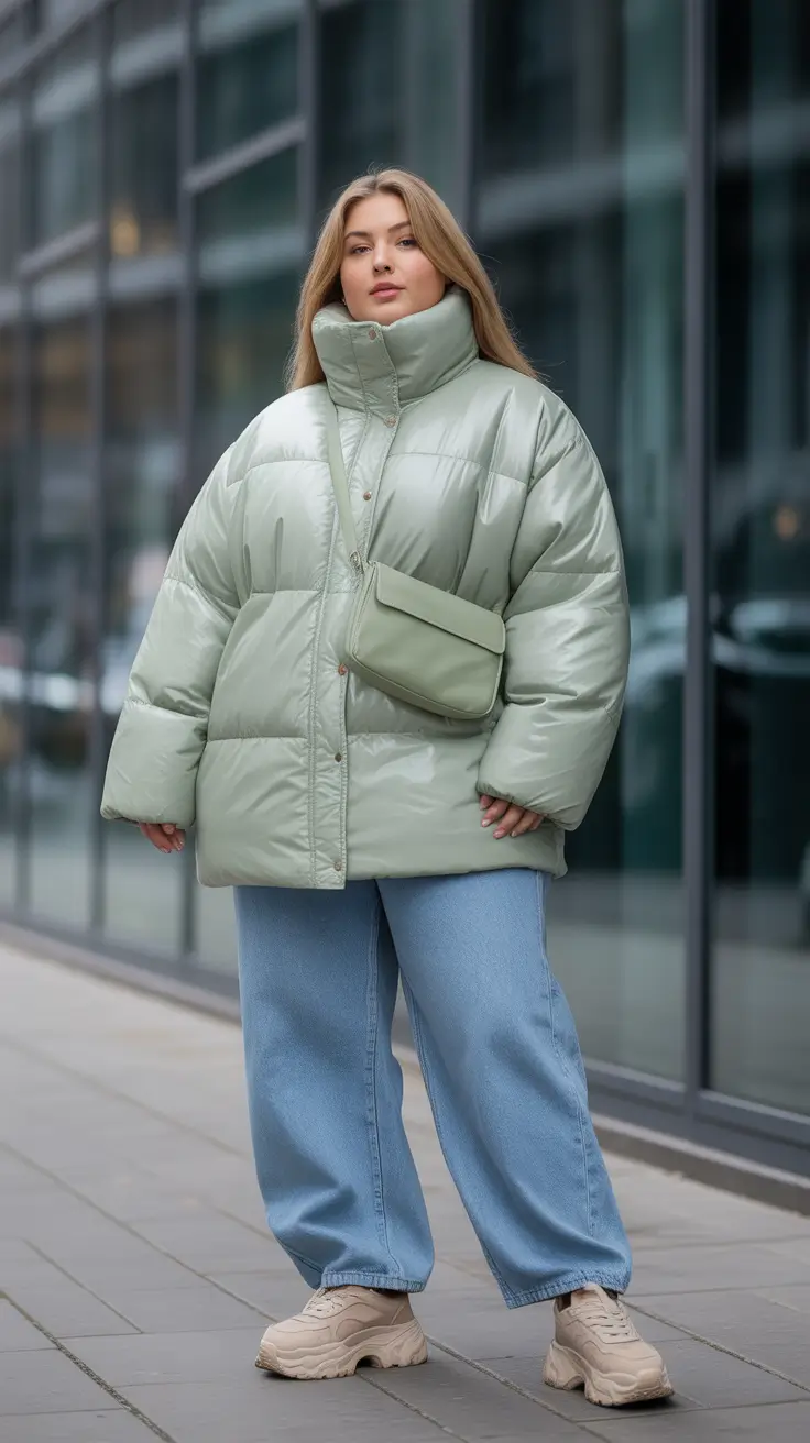 winter capsule wardrobe plus size women Modern Edge in Mint Puffers