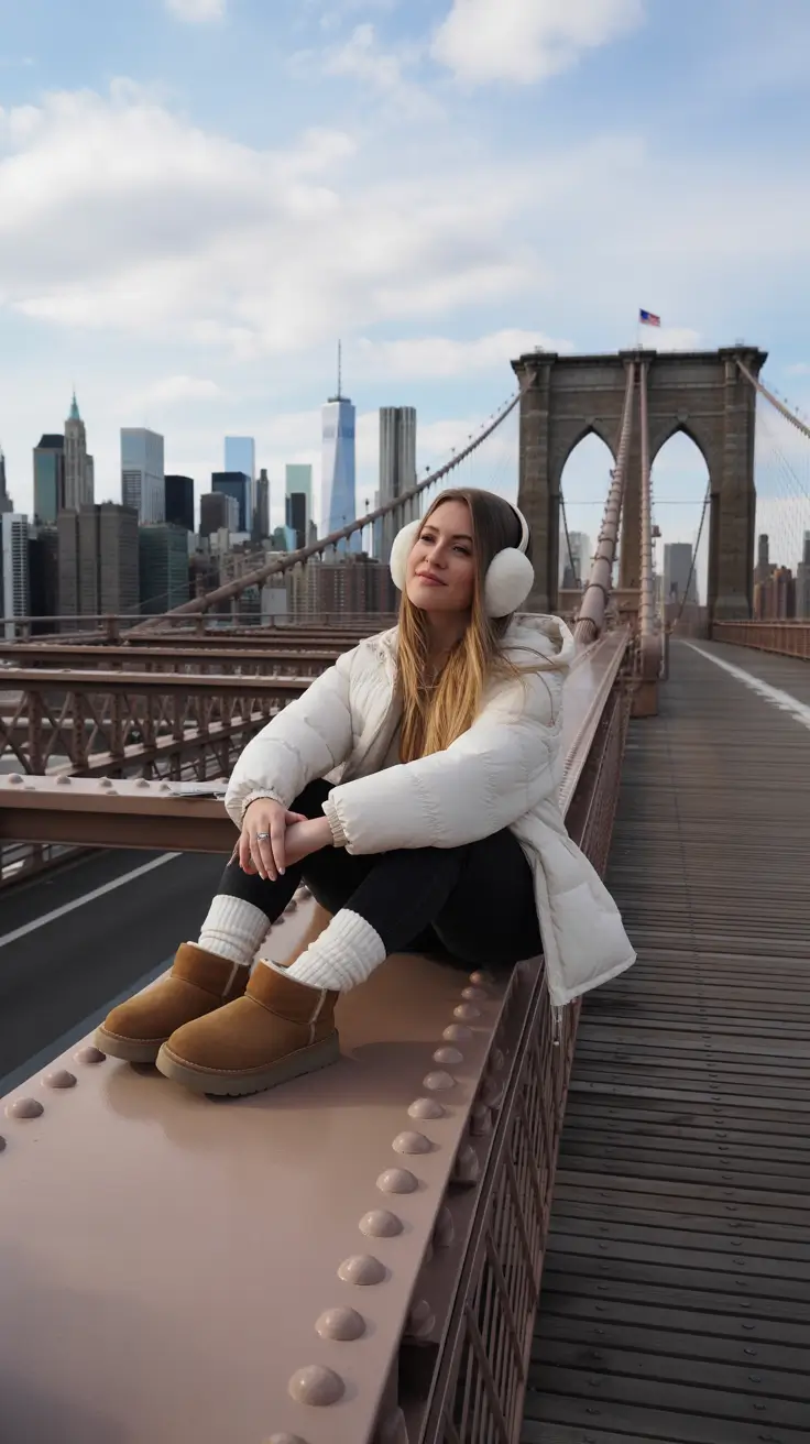 Winter Fashion Outfits NYC 2025-2026 Cozy Winter Neutrals on Brooklyn Bridge
