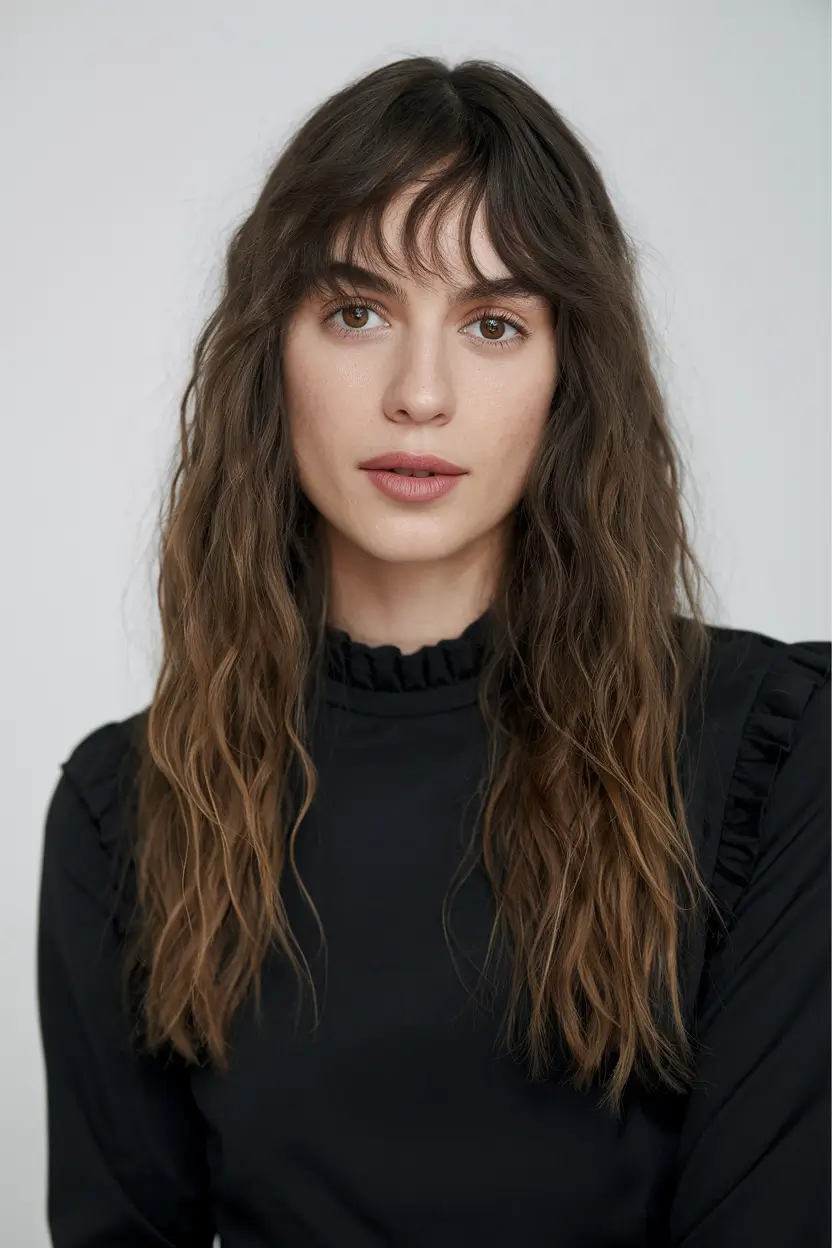 winter hair colors ideas 2025 2026 Natural Brunette with Gentle Waves