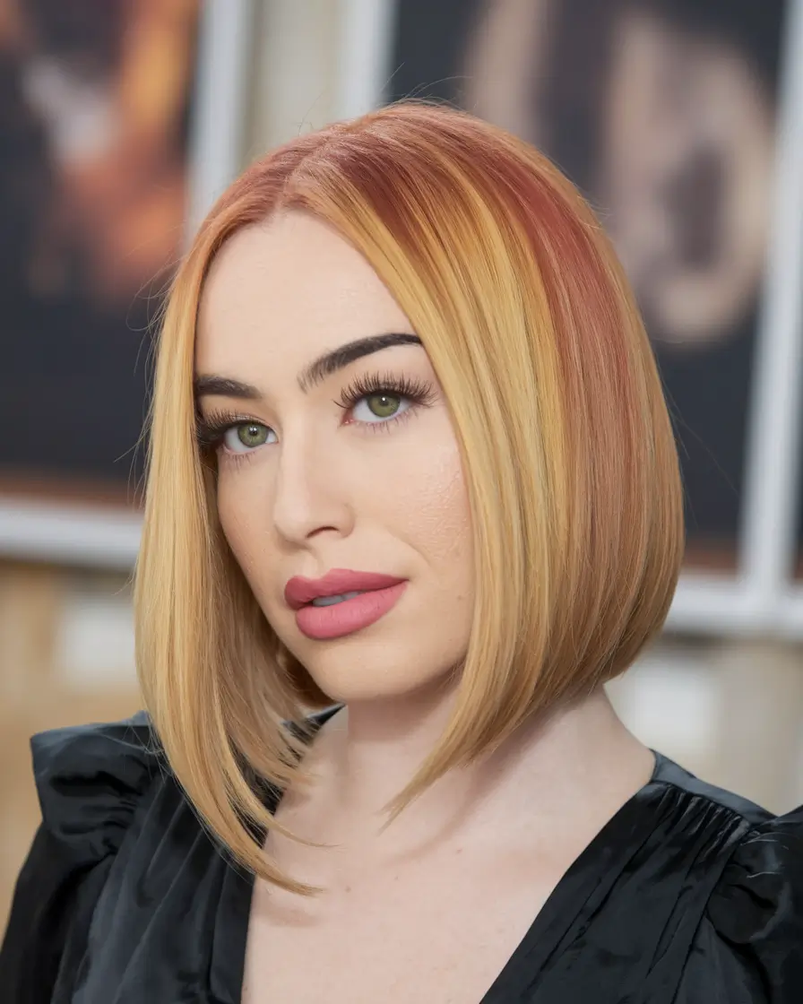 winter hair colors ideas 2025 2026 Golden-Copper Blunt Bob