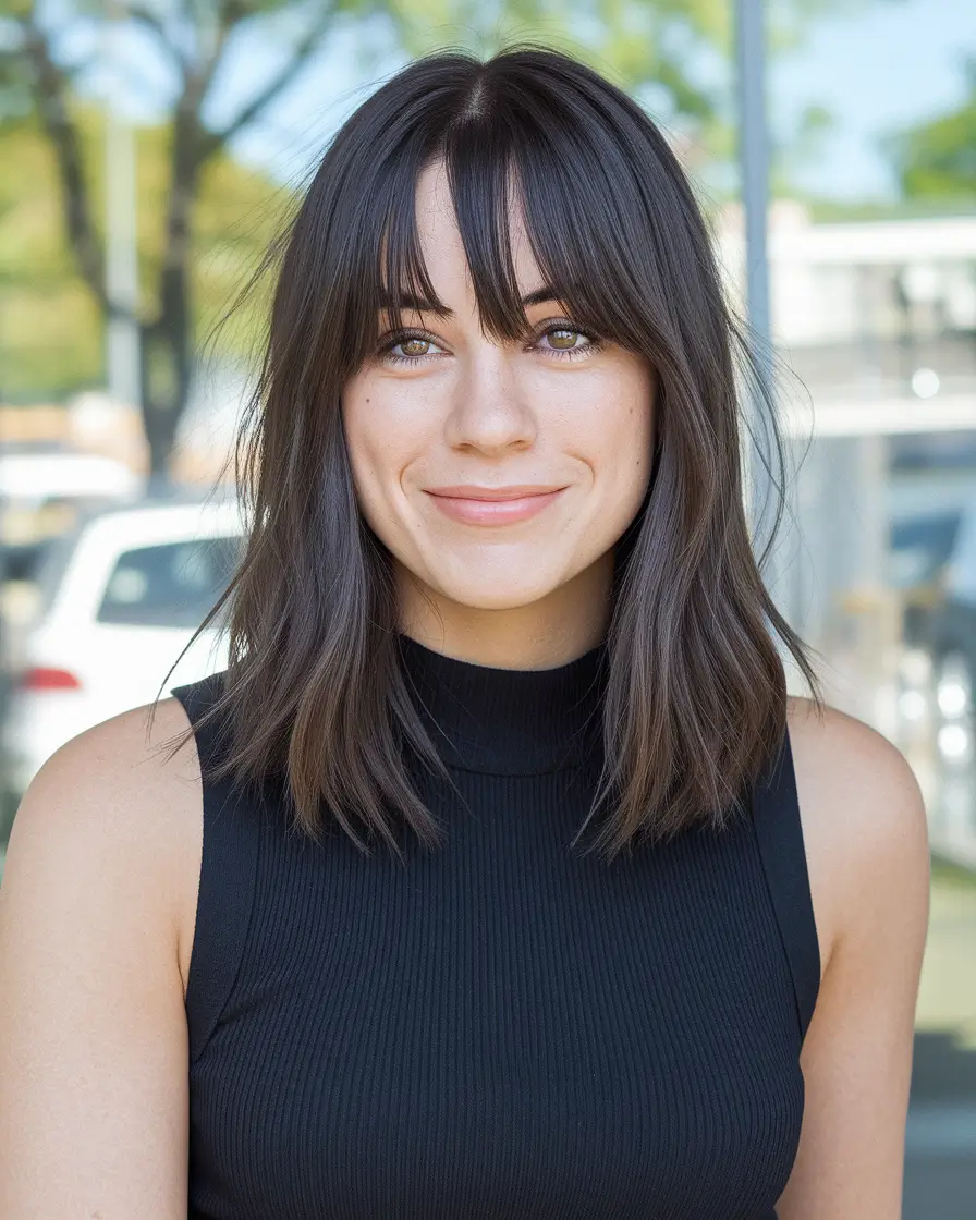 winter hair colors ideas 2025 2026 Soft Brunette with Curtain Bangs