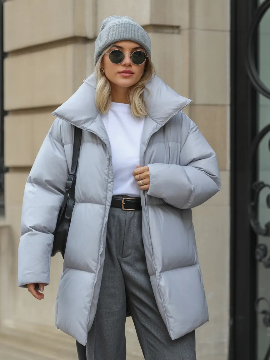 Winter outfits cold Scandinavian Silver Puffer