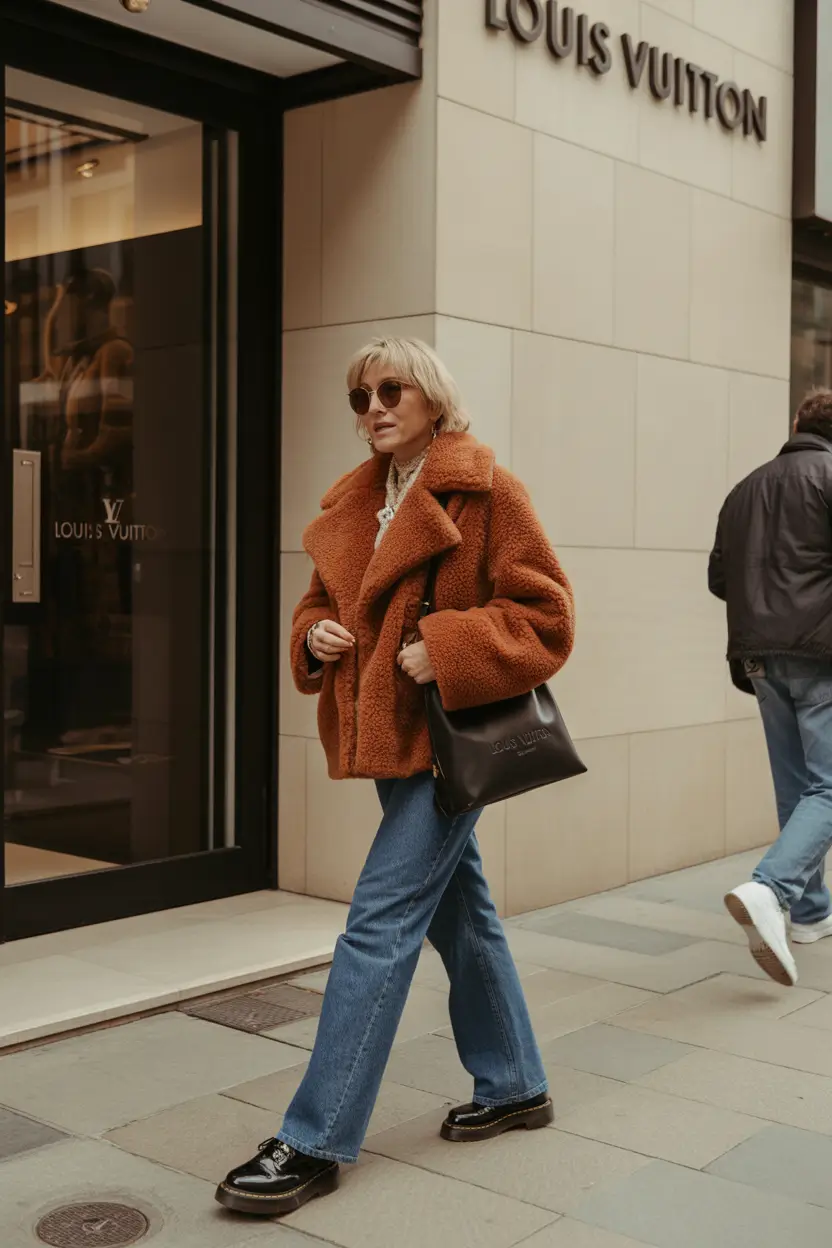 everyday-outfits-winter-over-40-Teddy-Jacket-with-Denim-Ease