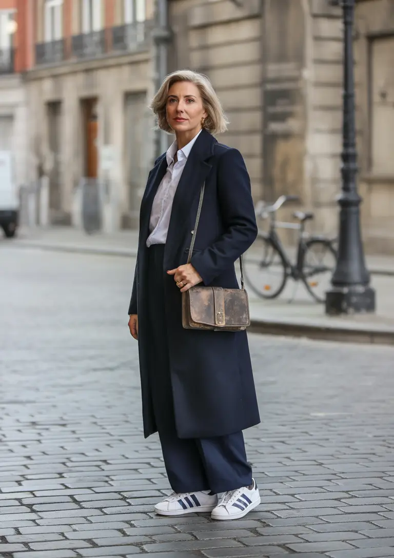 business-casual-winter-outfits-for-women-over-40-Tailored-Navy-with-Sporty-Ease