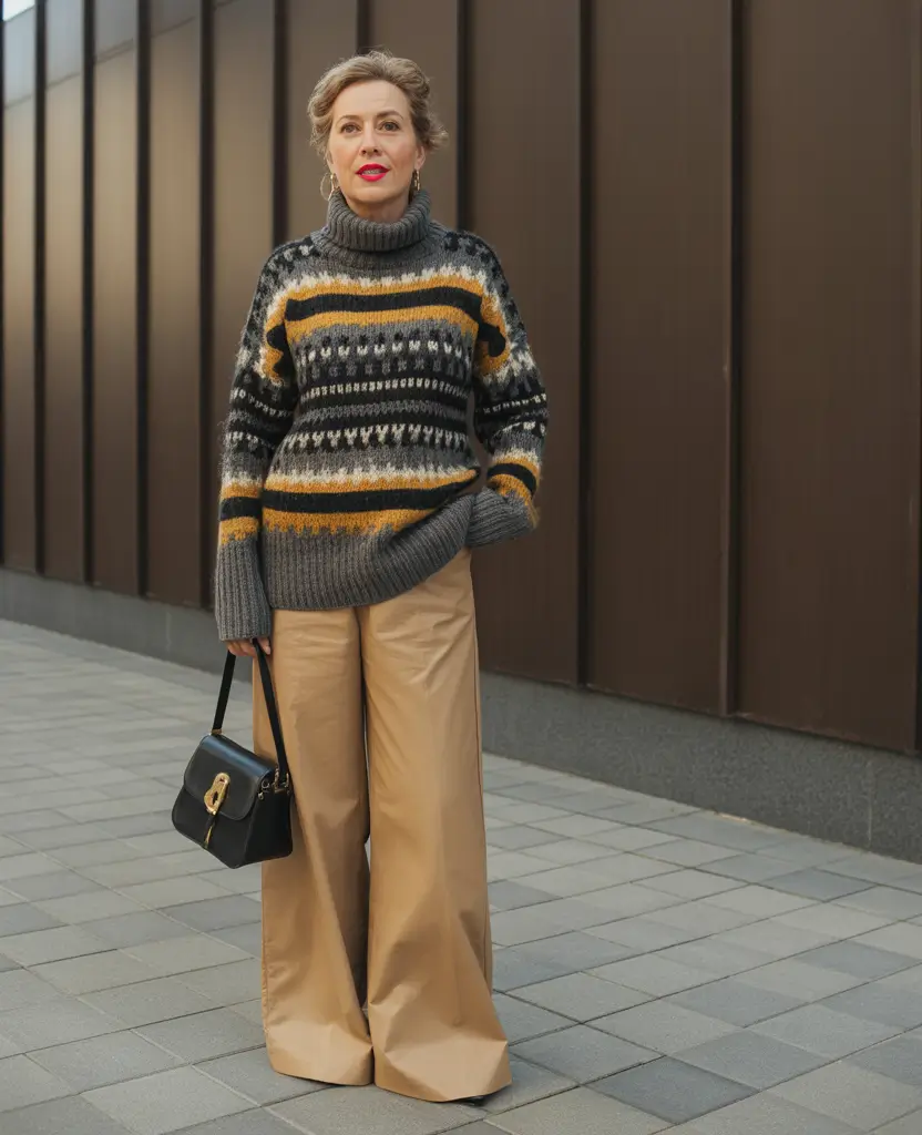 2025-winter-outfits-over-40-Bold-Knit-with-Wide-Leg-Pants