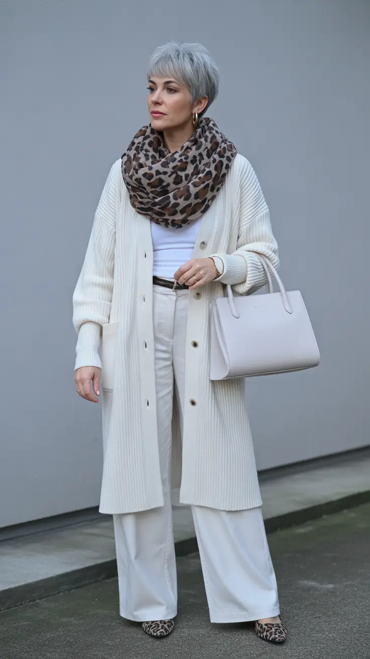 winter outfits over 50 older women chic Soft White with Animal Accent