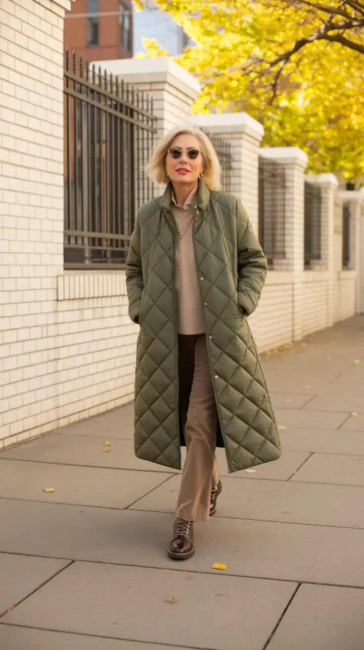 winter outfits over 50 older women chic Quilted Comfort in Olive Green