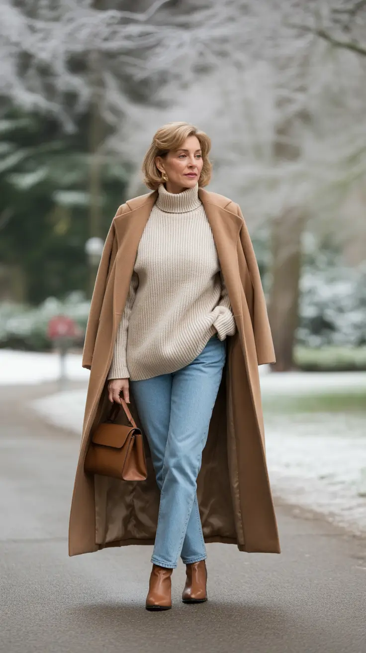 winter outfits over 50 older women chic Neutral Tones with Denim Ease