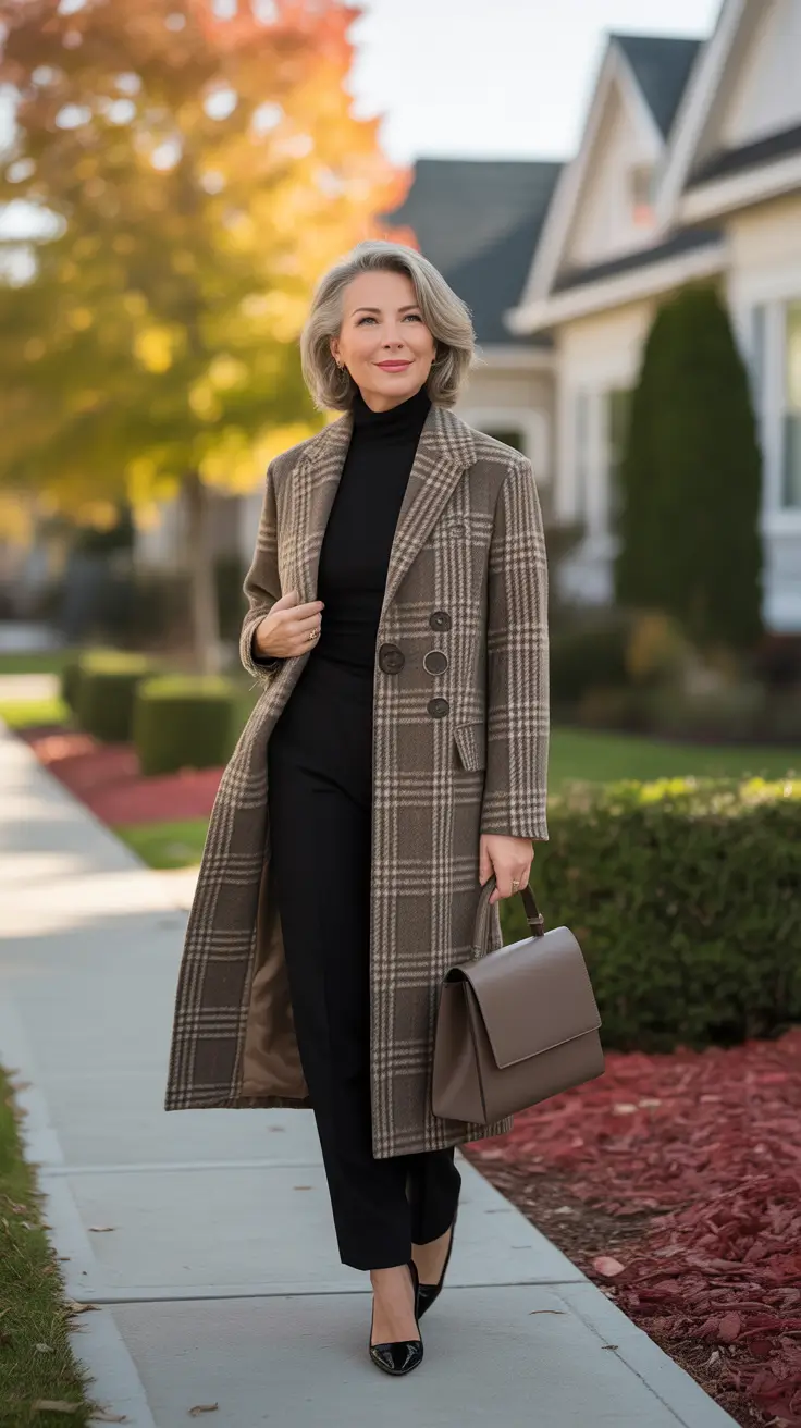 winter outfits over 50 older women chic Checks and All-Black Sophistication