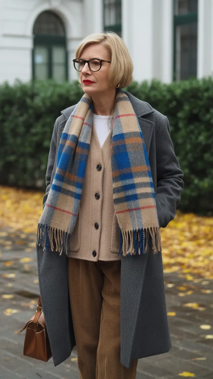 winter outfits over 50 older women chic Classic Grey with a Pop of Plaid