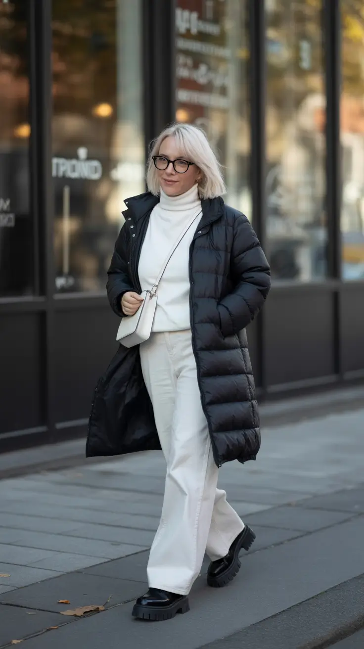 winter outfits over 50 older women chic Minimalist White and Black