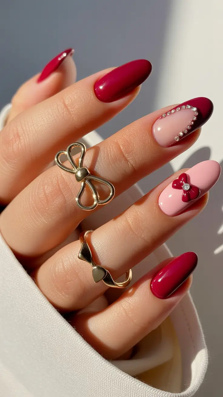 acrylic nails with design winter Velvet Bows & Berry Glam