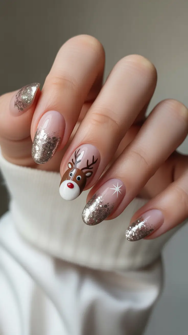 short acrylic nails winter design Golden Reindeer Glow