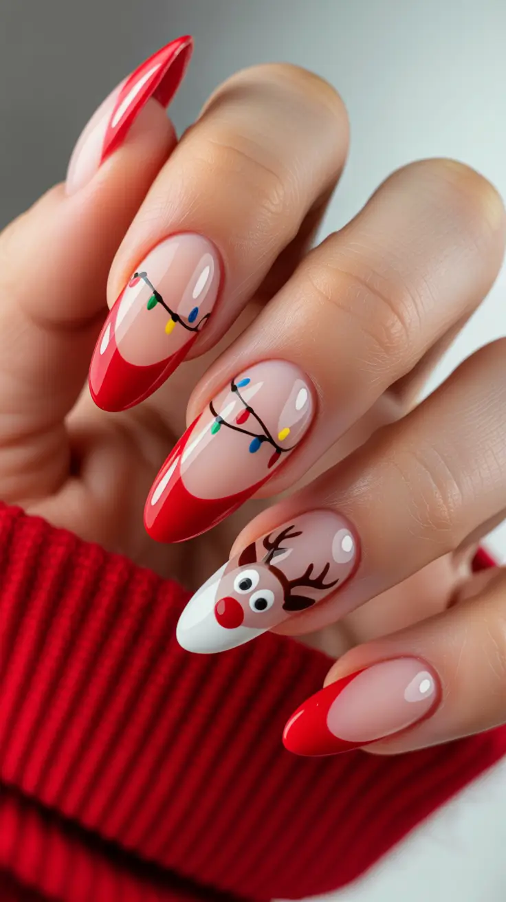 baddie short acrylic nails designs winter Rudolph Lights French