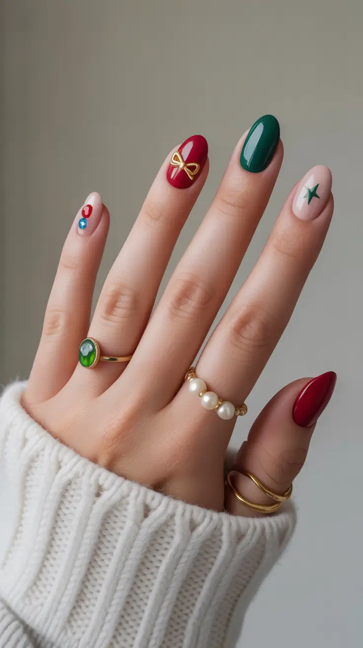 acrylic nails with design winter Festive Bow Charm