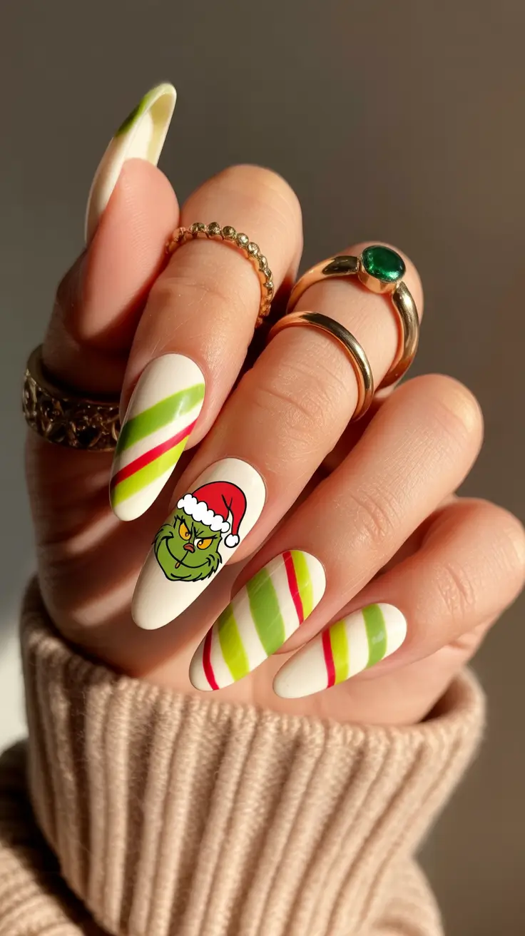 winter acrylic nails designs Grinchmas Candy Stripes