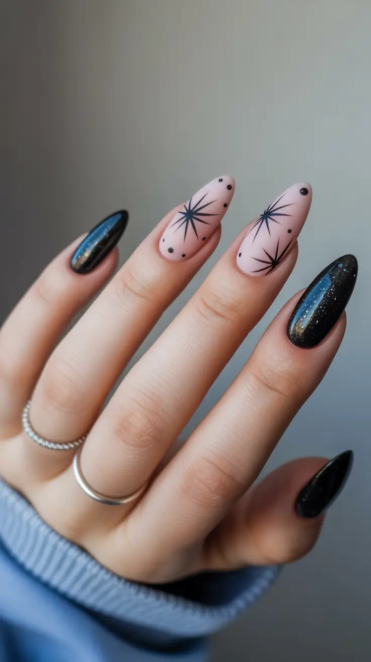 baddie short acrylic nails designs winter Starlit Midnight
