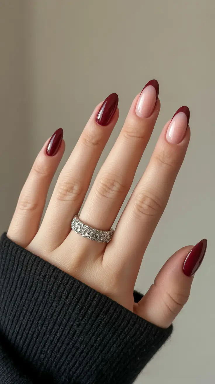 almond-nails-designs-winter-french-tip-cherry-wine