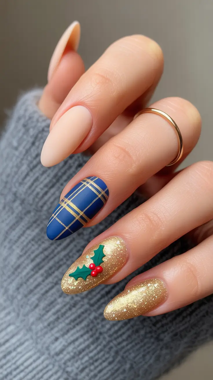 best winter nail colors 2026 Golden Plaid Elegance