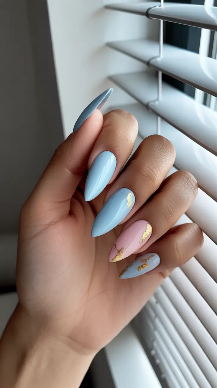 blue winter nails ideas Powder Blue & Gold Leaf Elegance